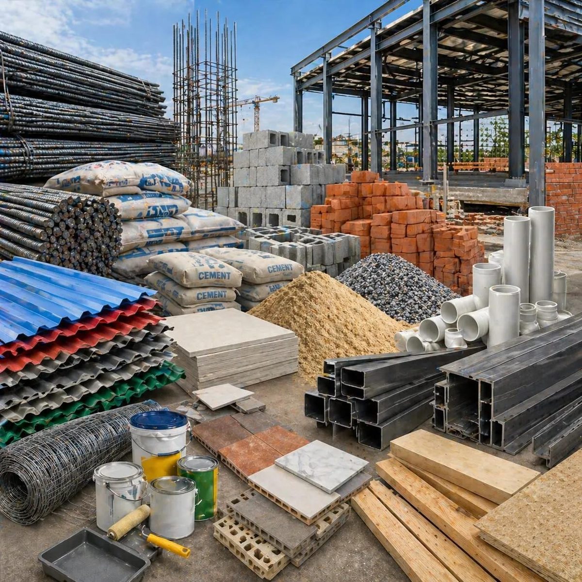 Cement, steel, roofing sheets and finishing products